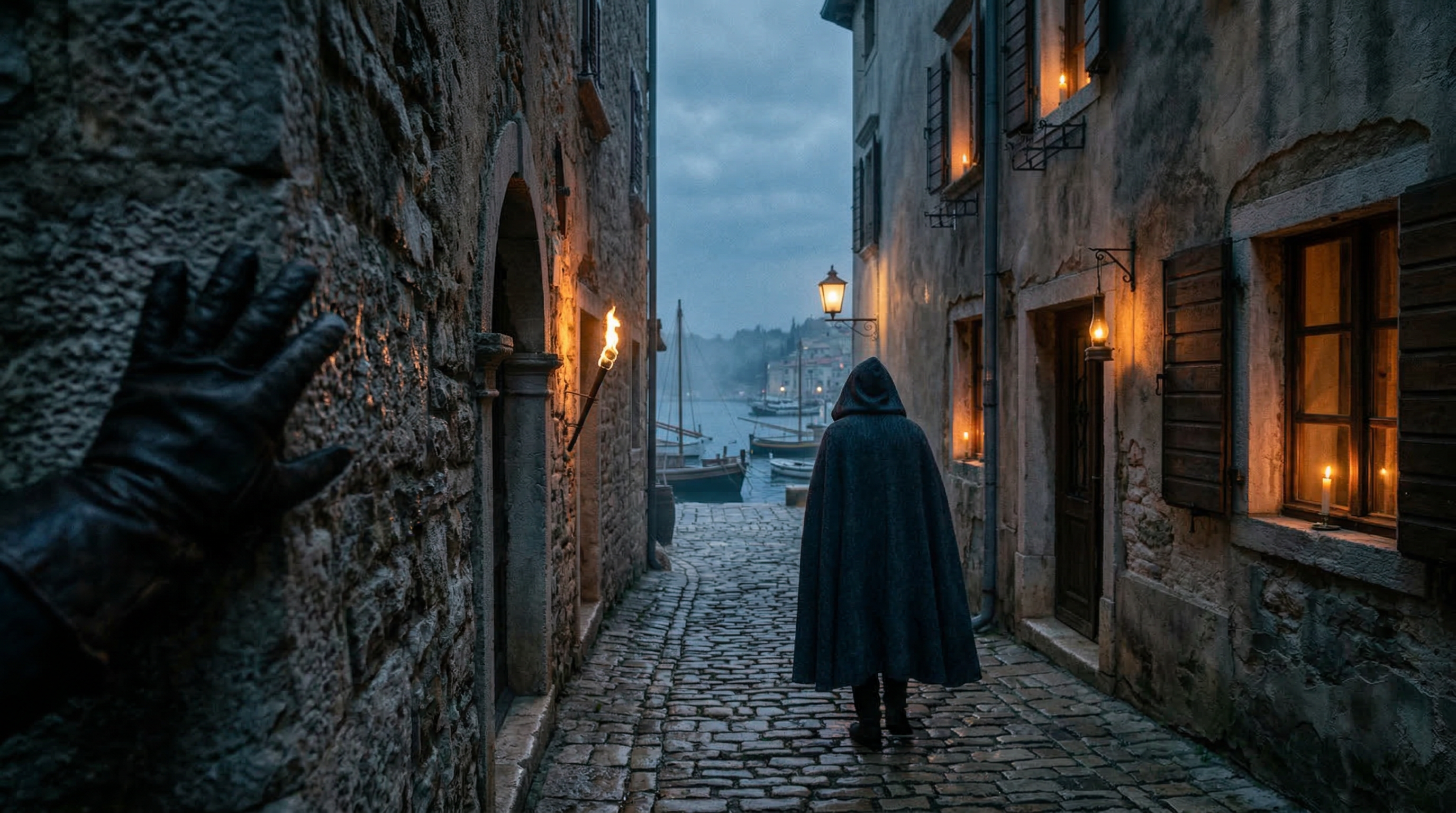 A cloaked figure walks a cobblestone lane toward an Istrian harbor at dusk, gloved hand on the stone wall