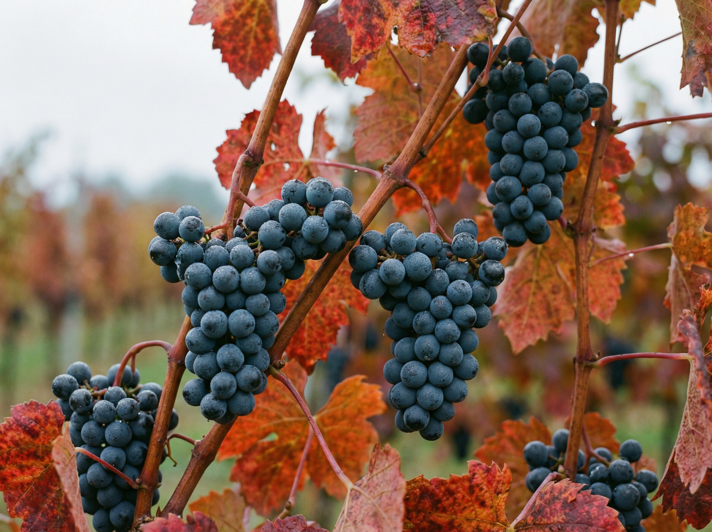 Refosco grape cluster — dark blue-black berries with crimson autumnal leaves, candlelit wine cellar, oil painting style